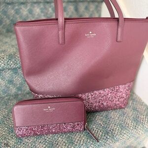 Kate Spade Purple and Glitter Tote Handbag with Matching Wallet